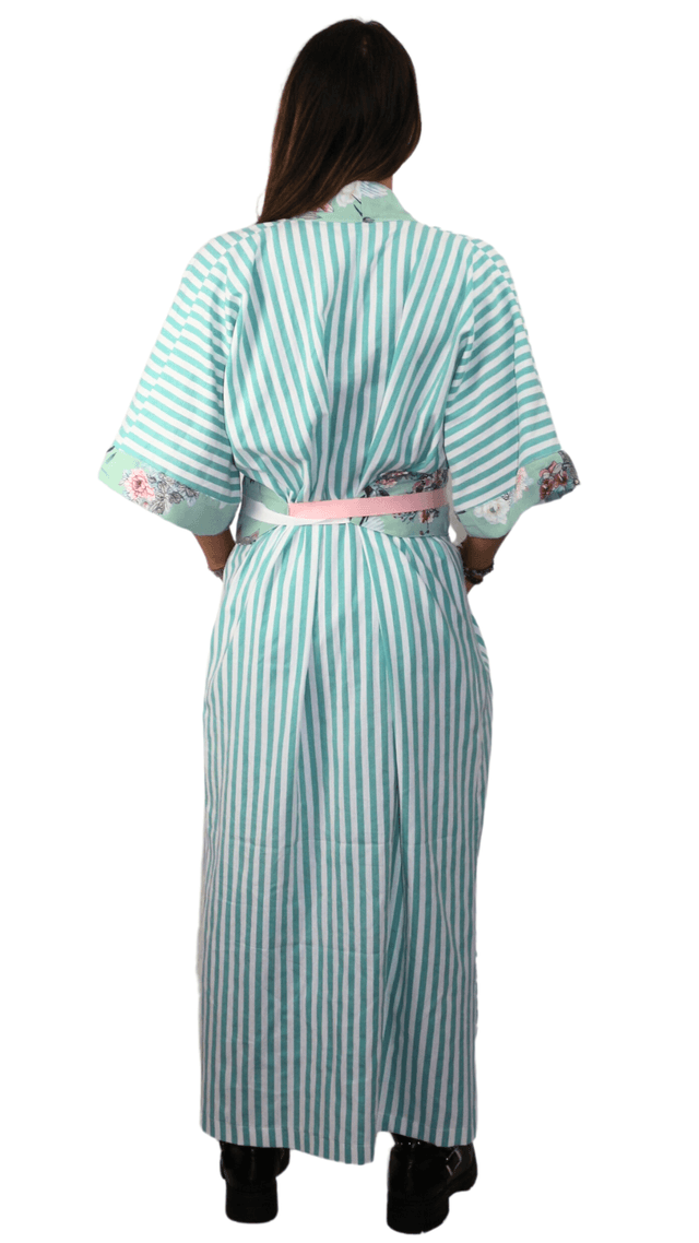 Kimono Long à Rayures et Motif Japonais - Couleur Vert d'Eau Japan Touch