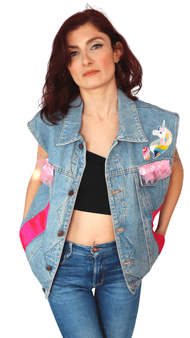 Veste en Jean Upcycler Unique Licorne - Dos Peint à la Main, Taille XL