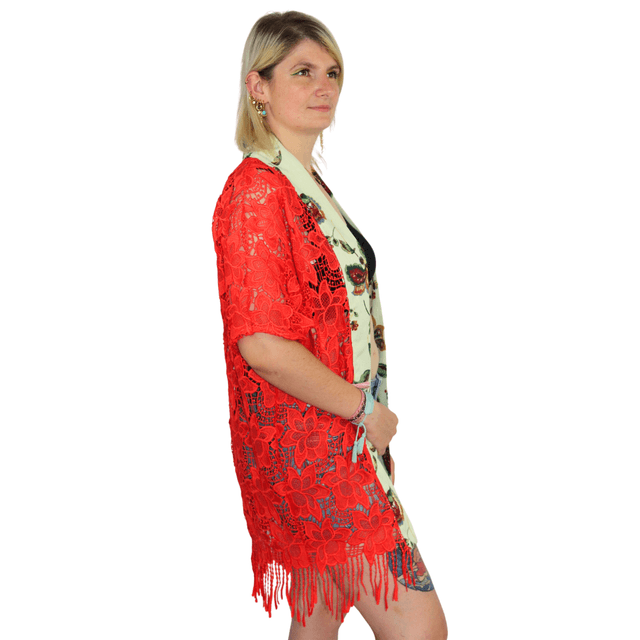 Kimono Unique en Dentelle Rouge Orange Corail Festival Taille Unique