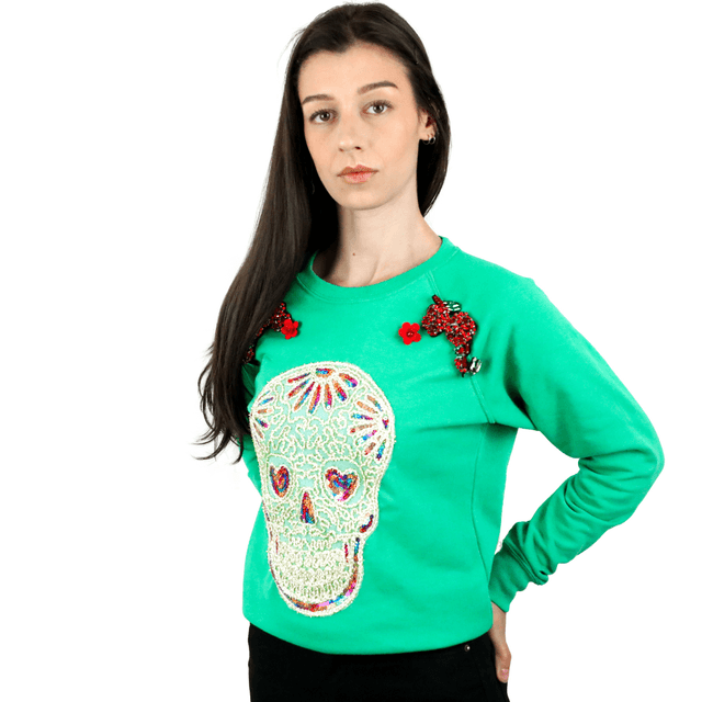 Sweat en Coton Vert avec Applique de Tête de Mort Ne M’oublie Pas en taille S