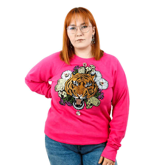 Sweat en Coton Rose avec Applique de Tigre Arrête Ton Char Tu Vas Me Faire Rougir