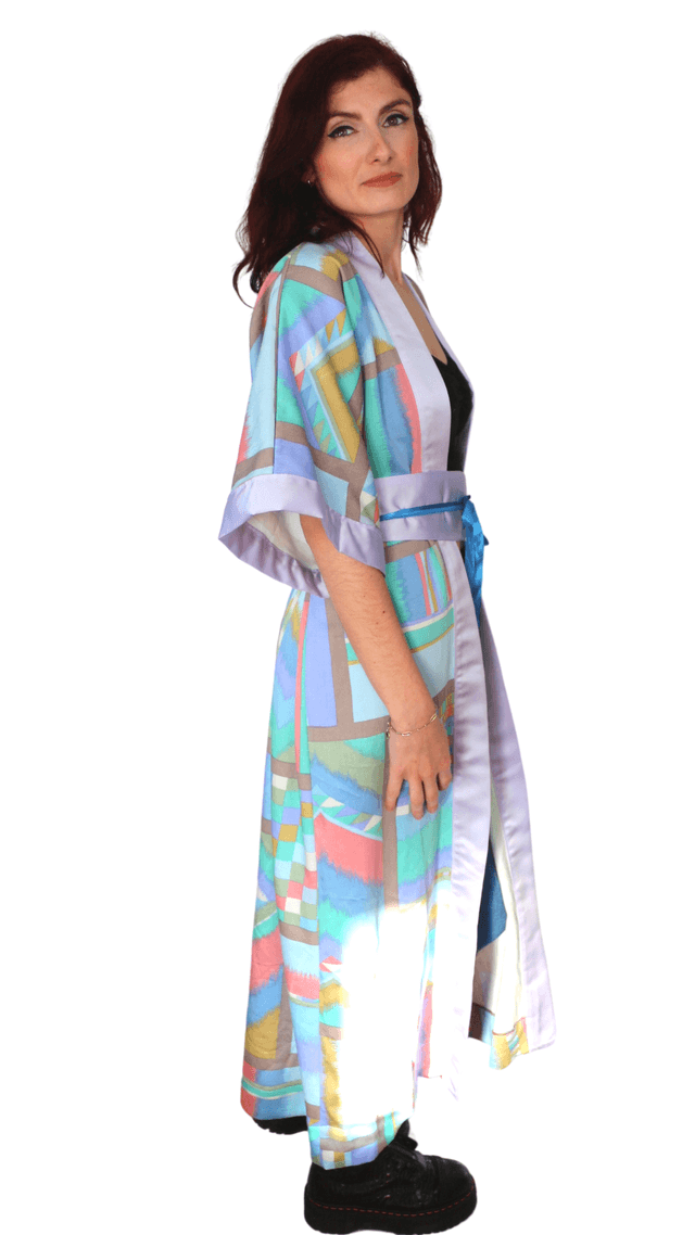Kimono Long Géométrique avec Ceinture Obi - Taille Unique - Folie Géométrique