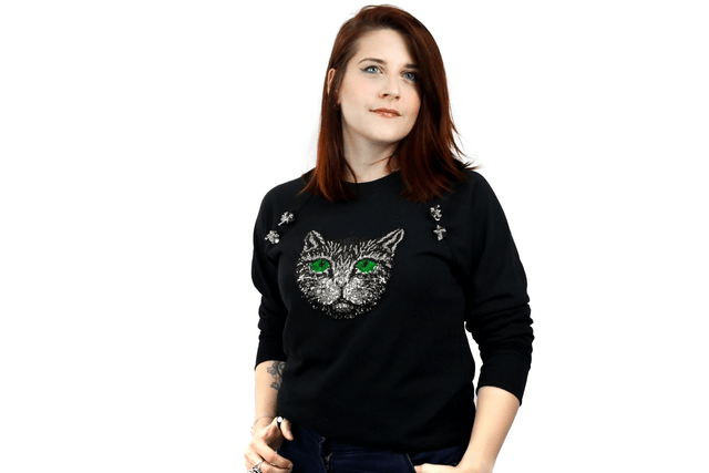 Sweat en Coton Noir avec Appliques de Chat et Lapin Vous Êtes En Retard Pour Le Thé
