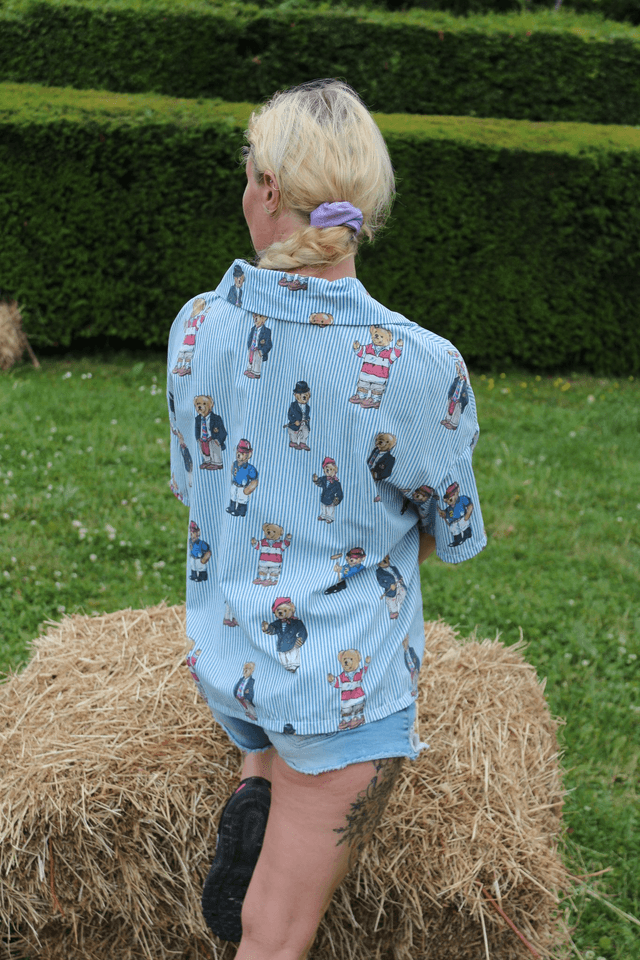 Chemise upcyclée "Ours peluches et  rayures" – Pièce unique (Taille 36) Over size et unisexe 