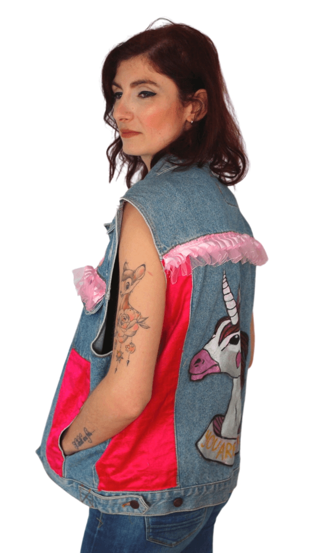 Veste en Jean Upcycler Unique Licorne - Dos Peint à la Main, Taille XL