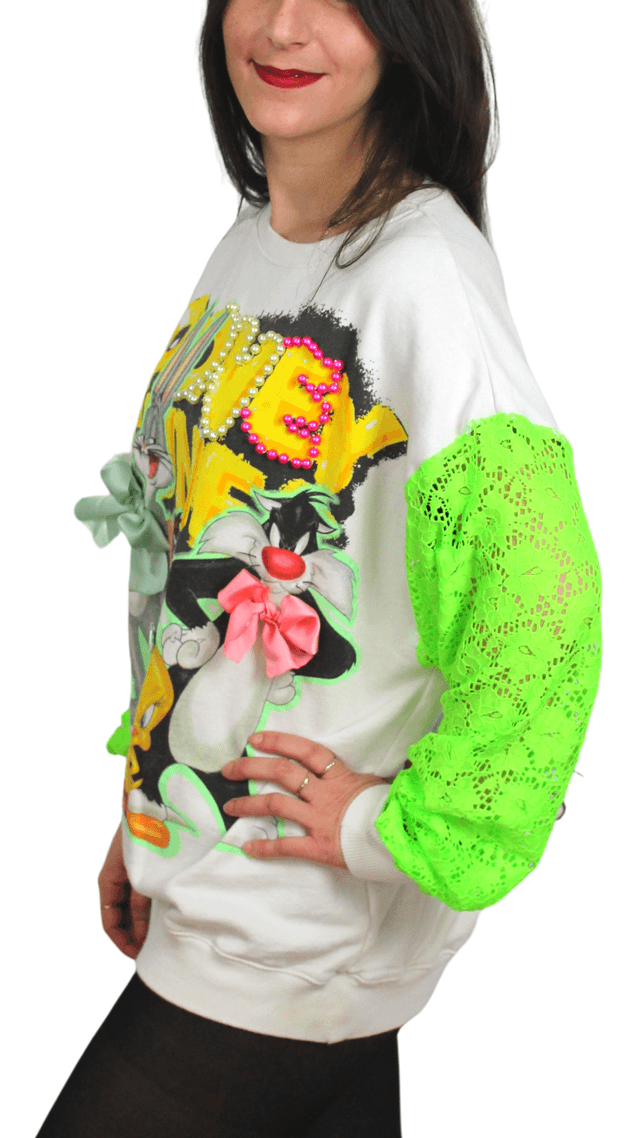 Pull Sweat Blanc Thème Looney Tunes - Taille M - Customisé Unique Looney Tunes En Folie