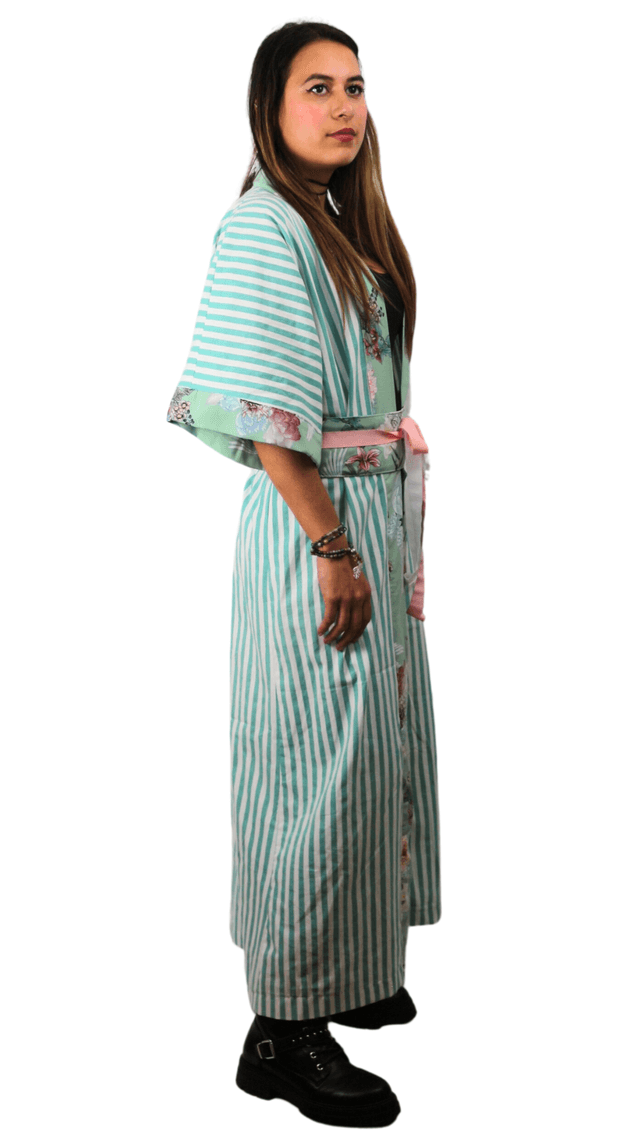 Kimono Long à Rayures et Motif Japonais - Couleur Vert d'Eau Japan Touch