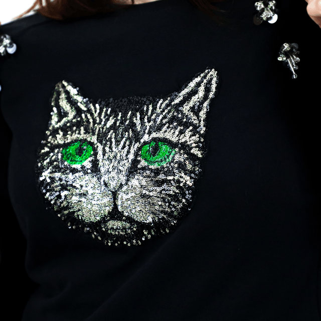 Sweat en Coton Noir avec Appliques de Chat et Lapin Vous Êtes En Retard Pour Le Thé