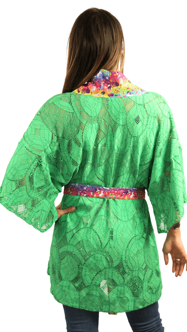 Kimono Unique en Dentelle Vert avec Motif Emojis Multicolores