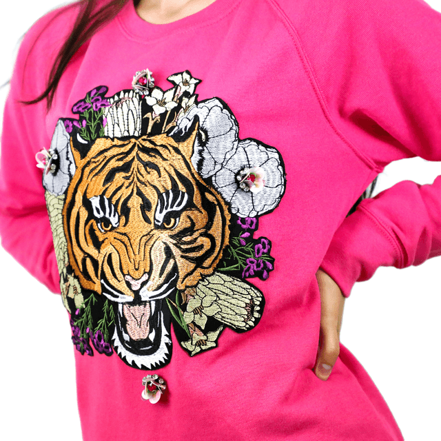 Sweat en Coton Rose avec Applique de Tigre Arrête Ton Char Tu Vas Me Faire Rougir