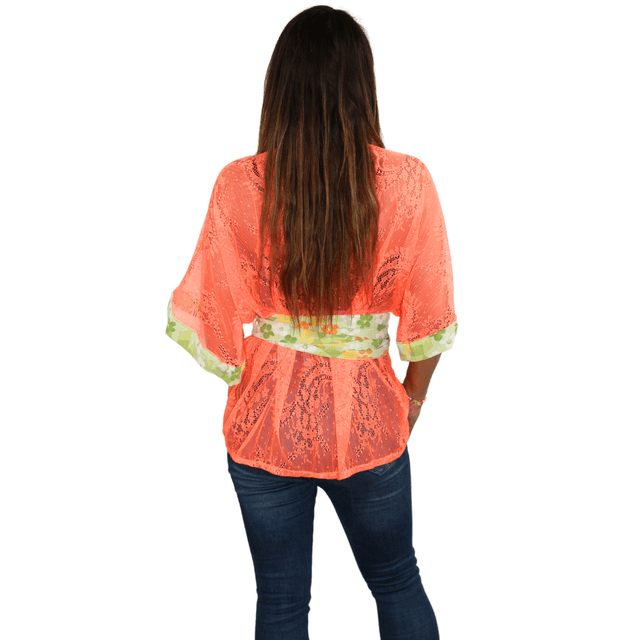 Kimono en Dentelle Orange Fluo Fait Main - Pièce Unique, Motifs Fleuris Vintage