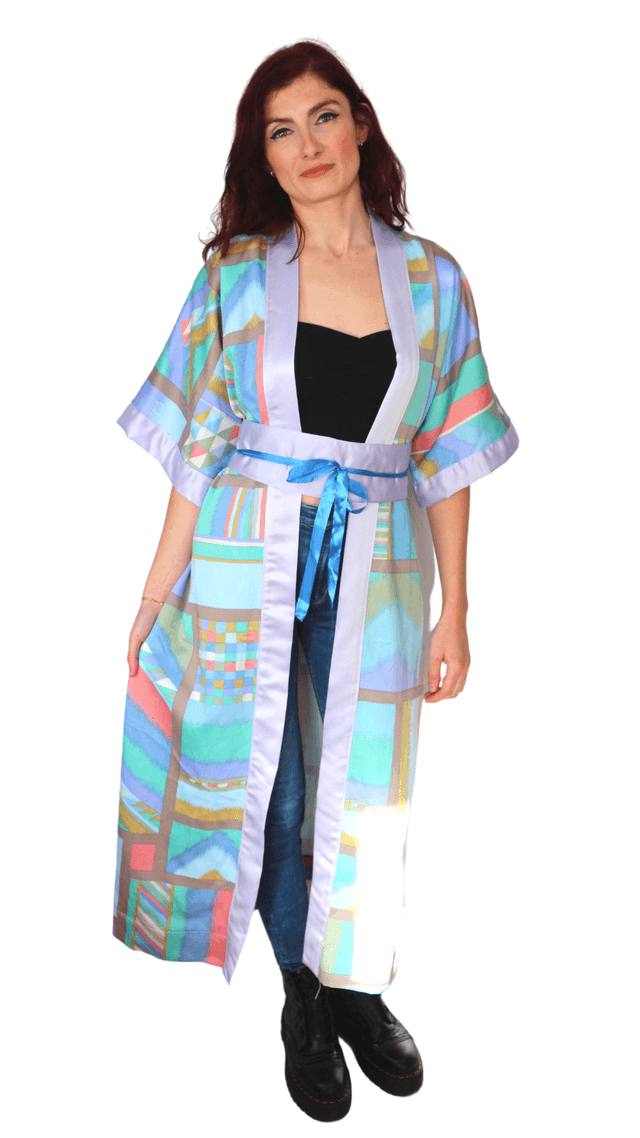 Kimono Long Géométrique avec Ceinture Obi - Taille Unique - Folie Géométrique