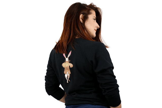 Sweat en Coton Noir avec Appliques de Chat et Lapin Vous Êtes En Retard Pour Le Thé