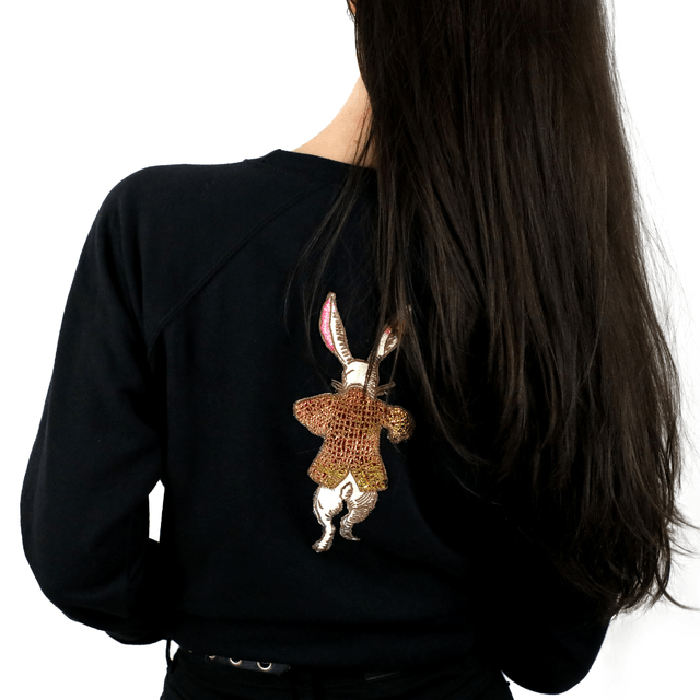 Sweat en Coton Noir avec Appliques de Chat et Lapin Vous Êtes En Retard Pour Le Thé