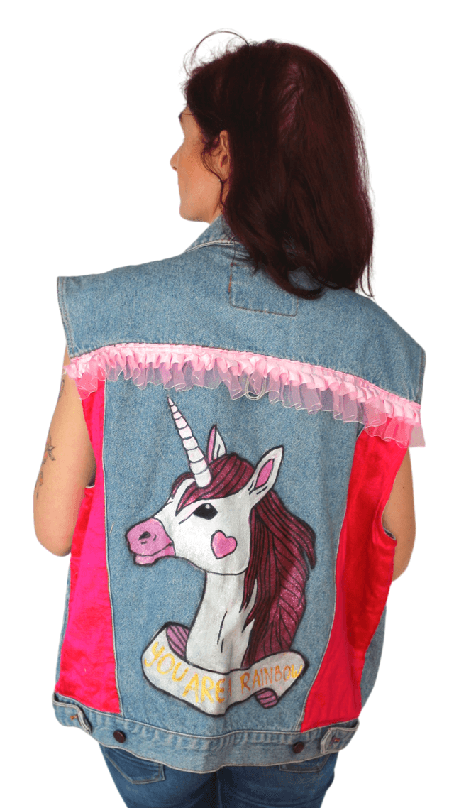 Veste en Jean Upcycler Unique Licorne - Dos Peint à la Main, Taille XL