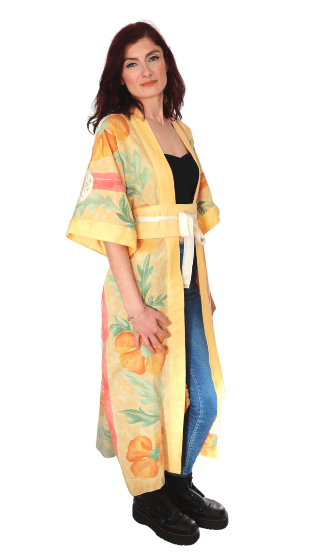Kimono Long Imprimé Orangé Fleuri  avec ceinture - Taille Unique -  touche de pèche