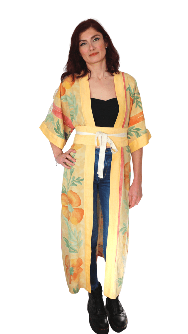 Kimono Long Imprimé Orangé Fleuri  avec ceinture - Taille Unique -  touche de pèche