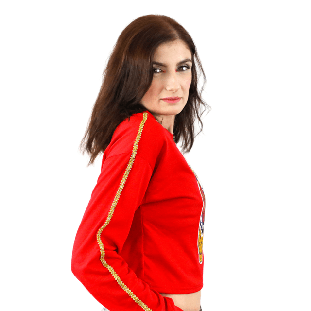 T-Shirt Rouge Manches Longues avec Applique de Chat Style Japonisant Attaquons L’exercice