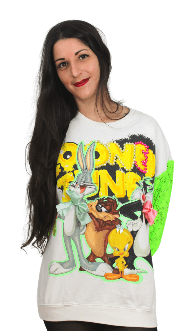 Pull Sweat Blanc Thème Looney Tunes - Taille M - Customisé Unique Looney Tunes En Folie